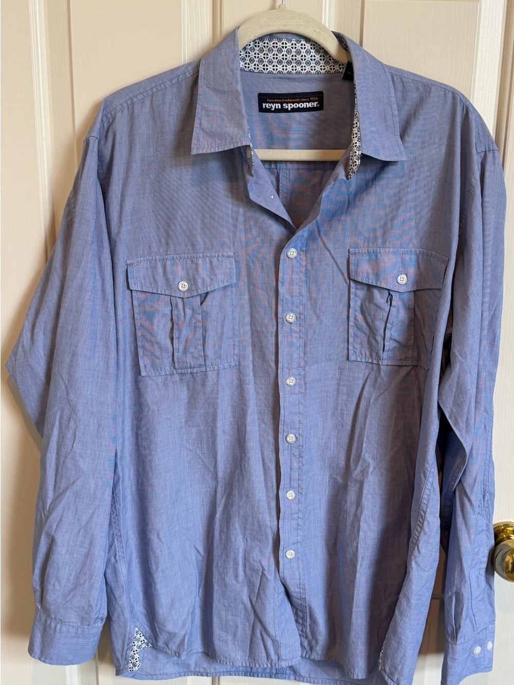 EUC Reyn Spooner Men's Long Sleeve Utility Shirt - White/Blue 💯 Cotton